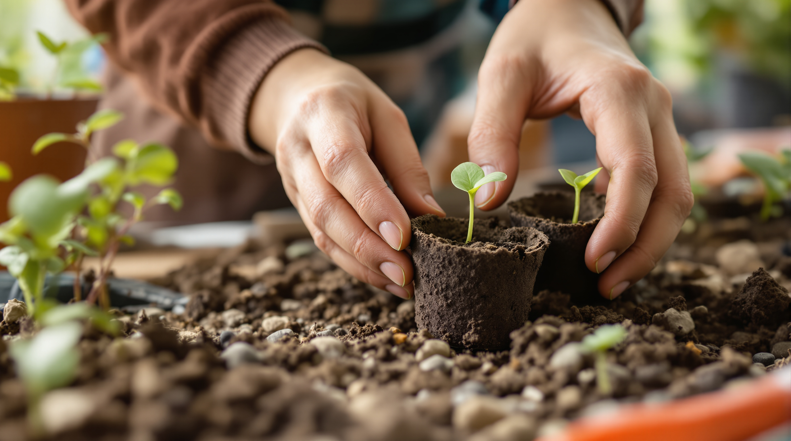 Hands transplanting seedlings